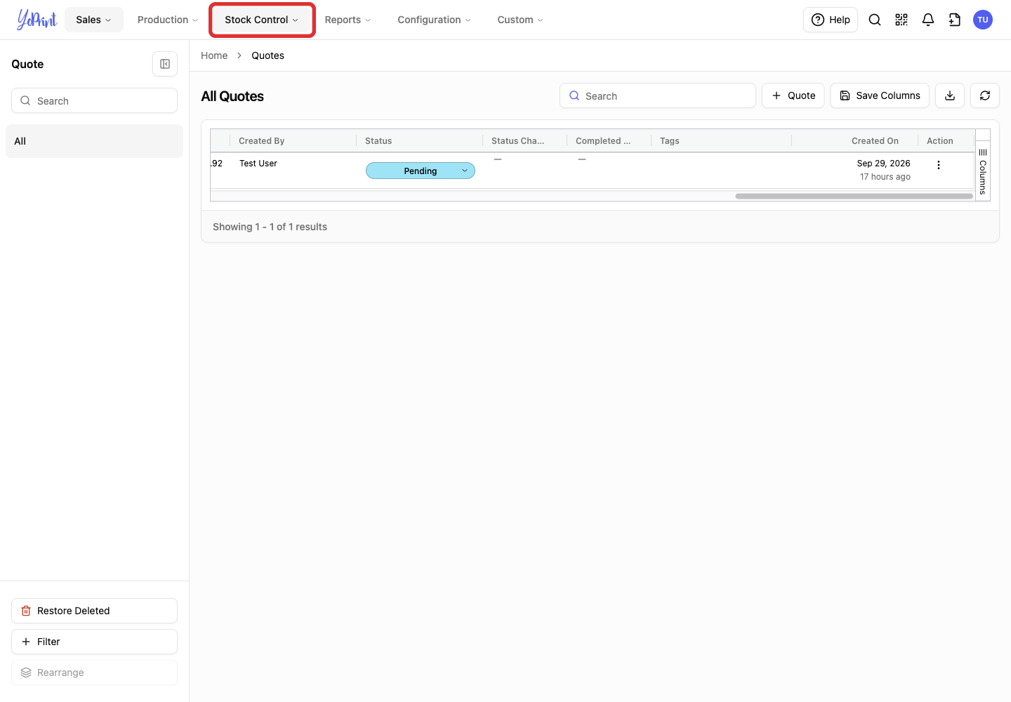 Stock Control in the top navigation