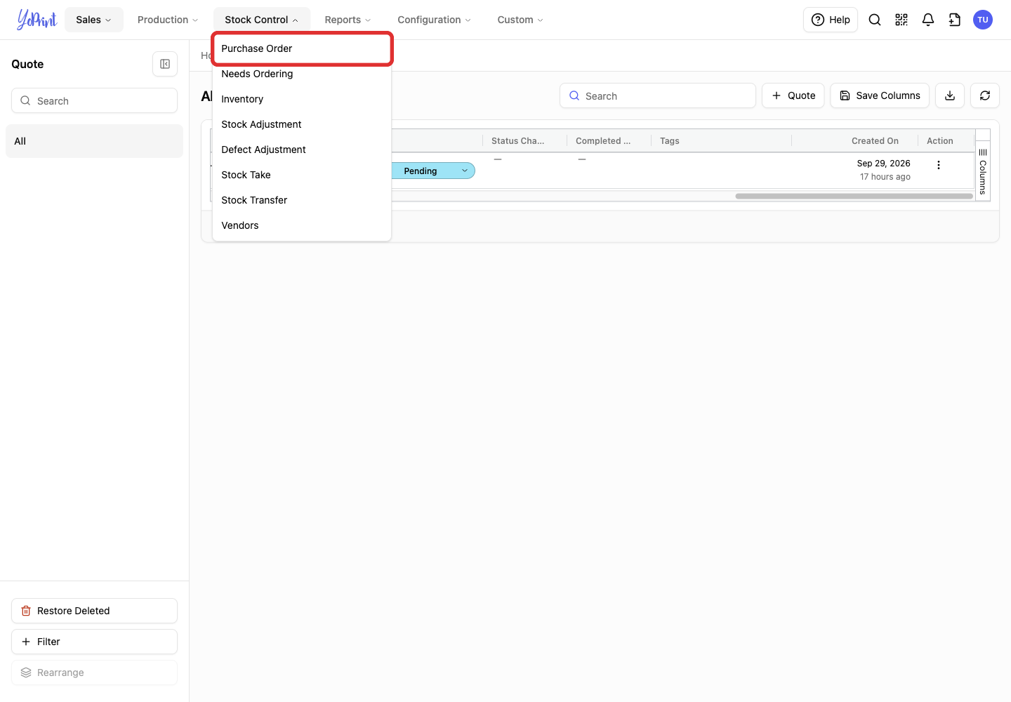 Purchase Order in the Stock Control menu