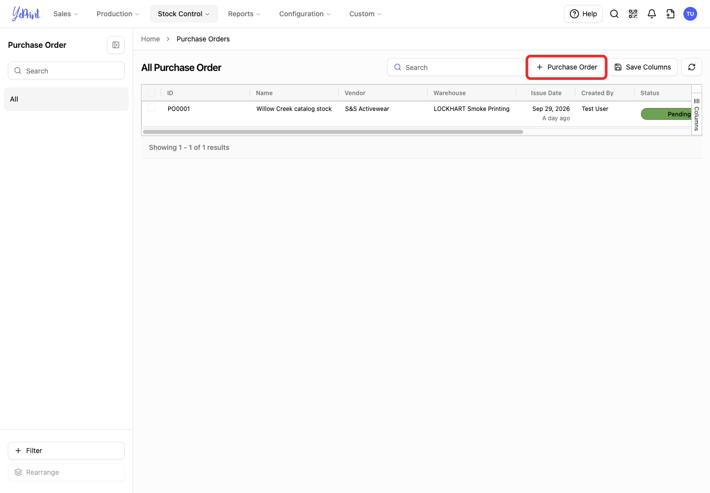 Purchase Order button above the list