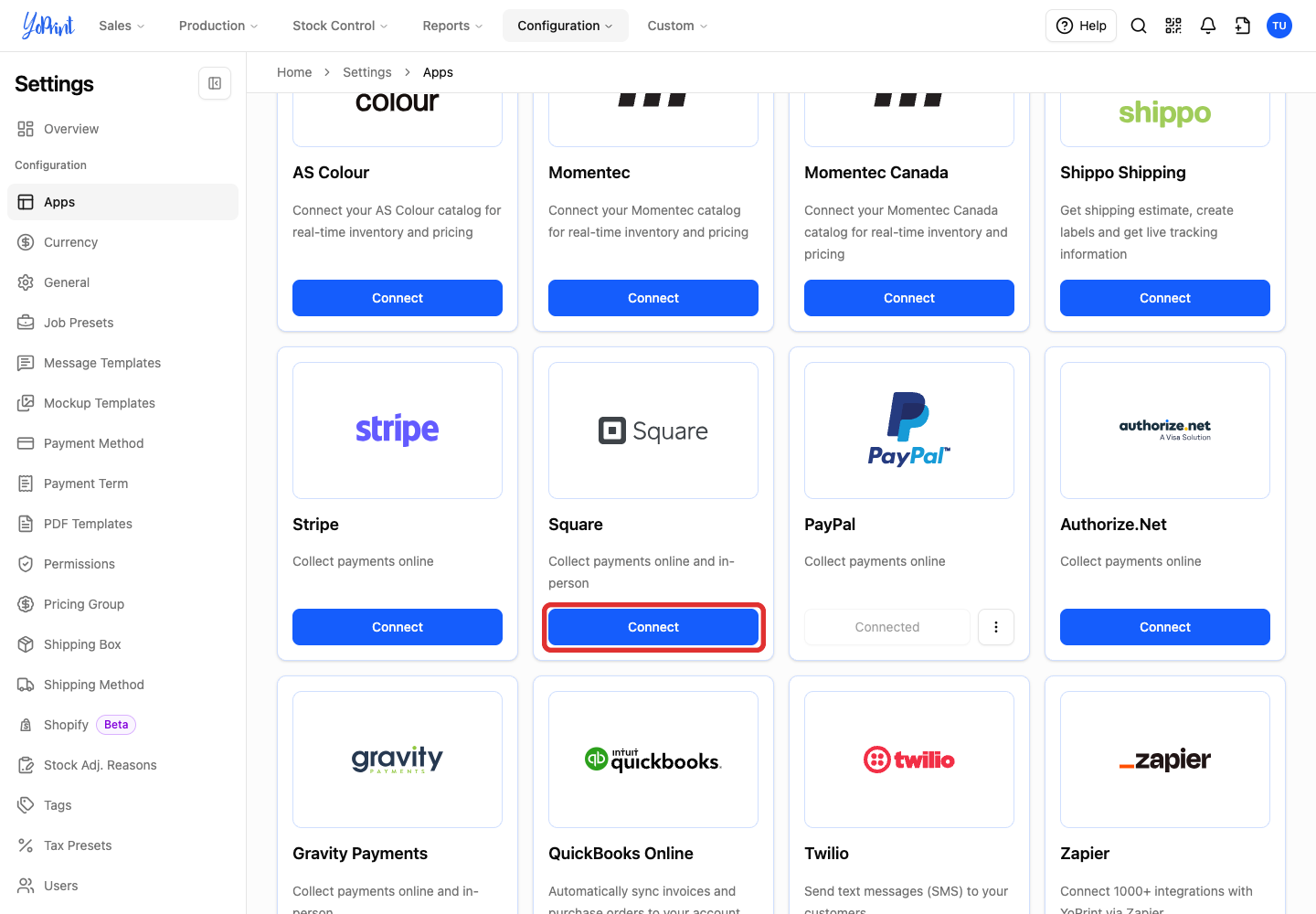 Connect on the Square card in Apps