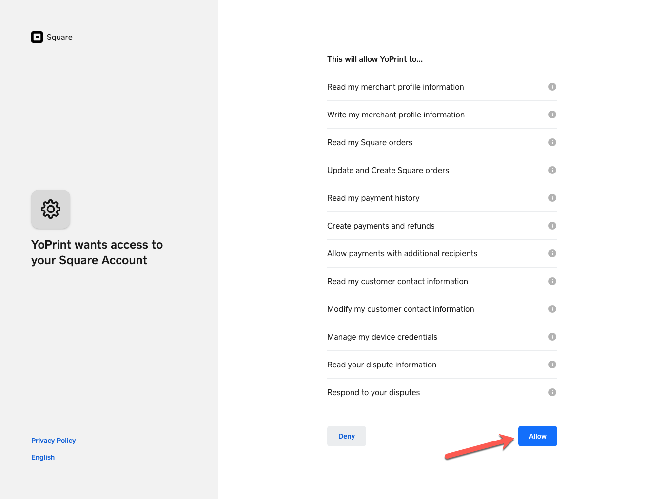 Square consent screen saying YoPrint wants access to your Square account, with Allow marked