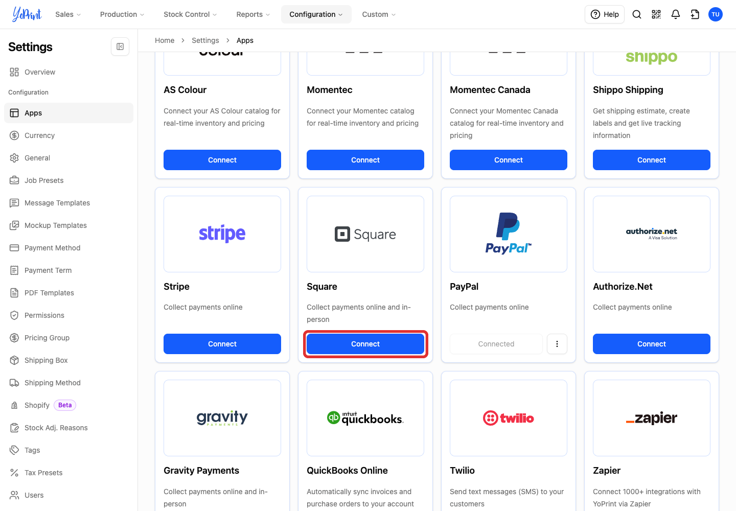 Square Connect after reloading the Apps page