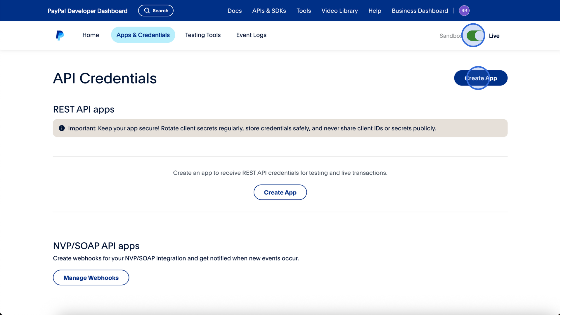 PayPal Apps and Credentials with Live and Create App