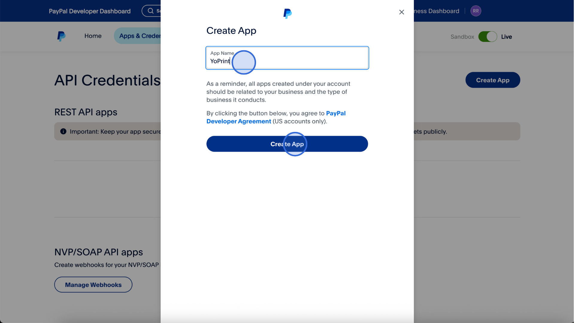 PayPal Create App dialog with App Name and Create App