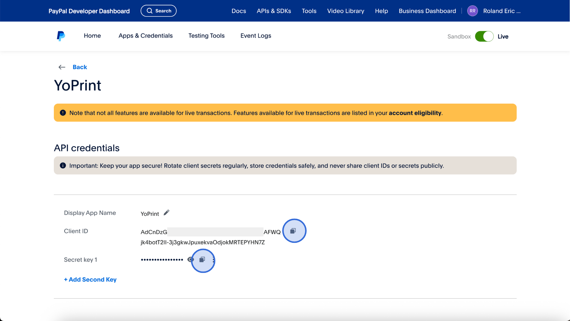 PayPal app details with Client ID and secret