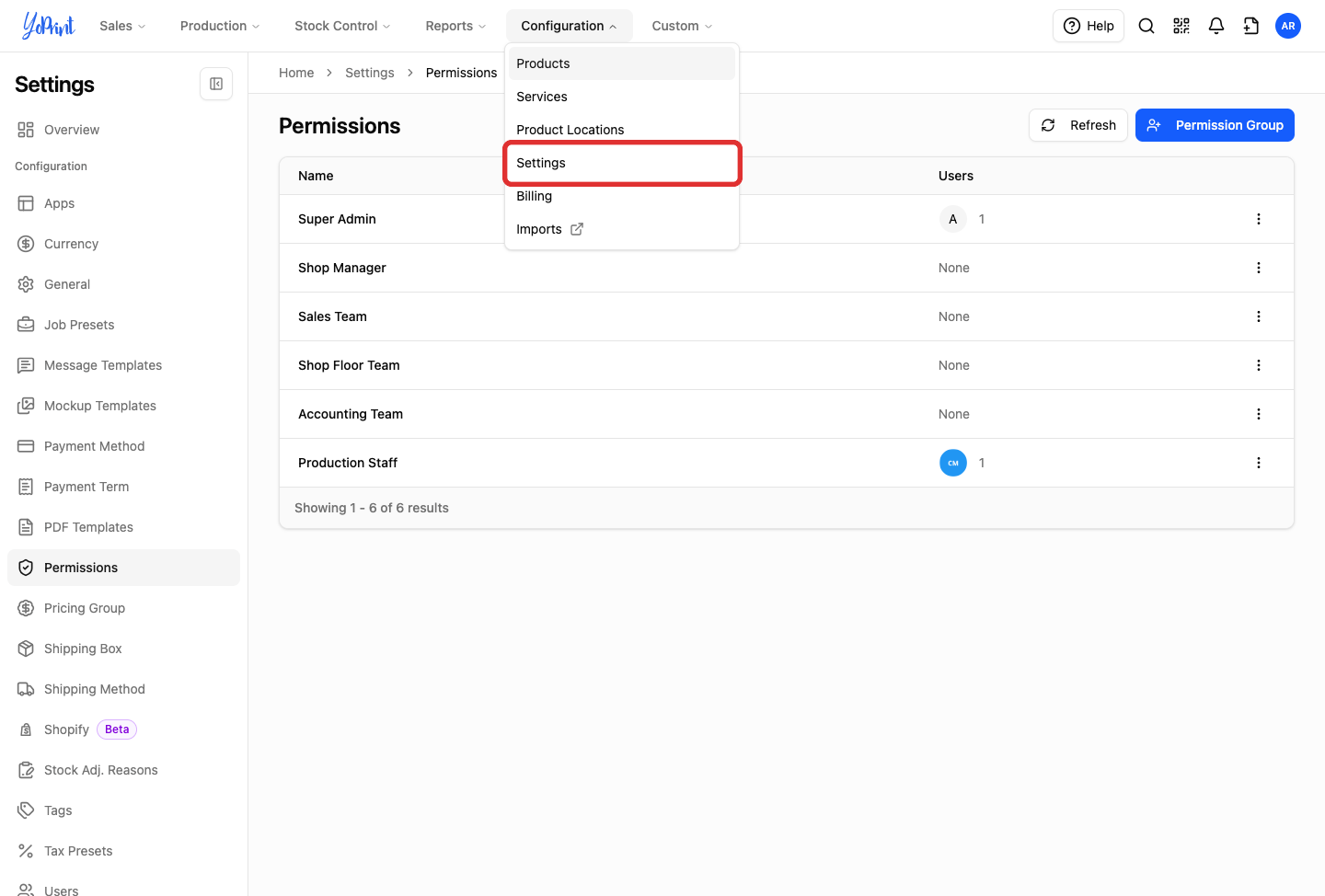 Configuration menu open with Settings highlighted