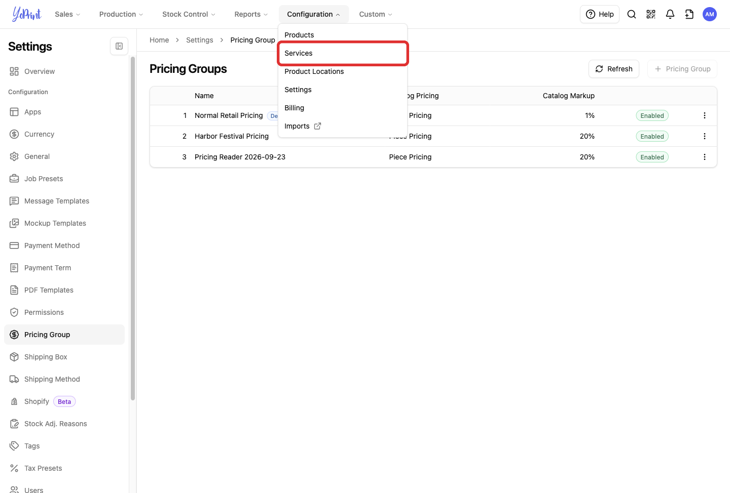 Configuration menu with Services marked