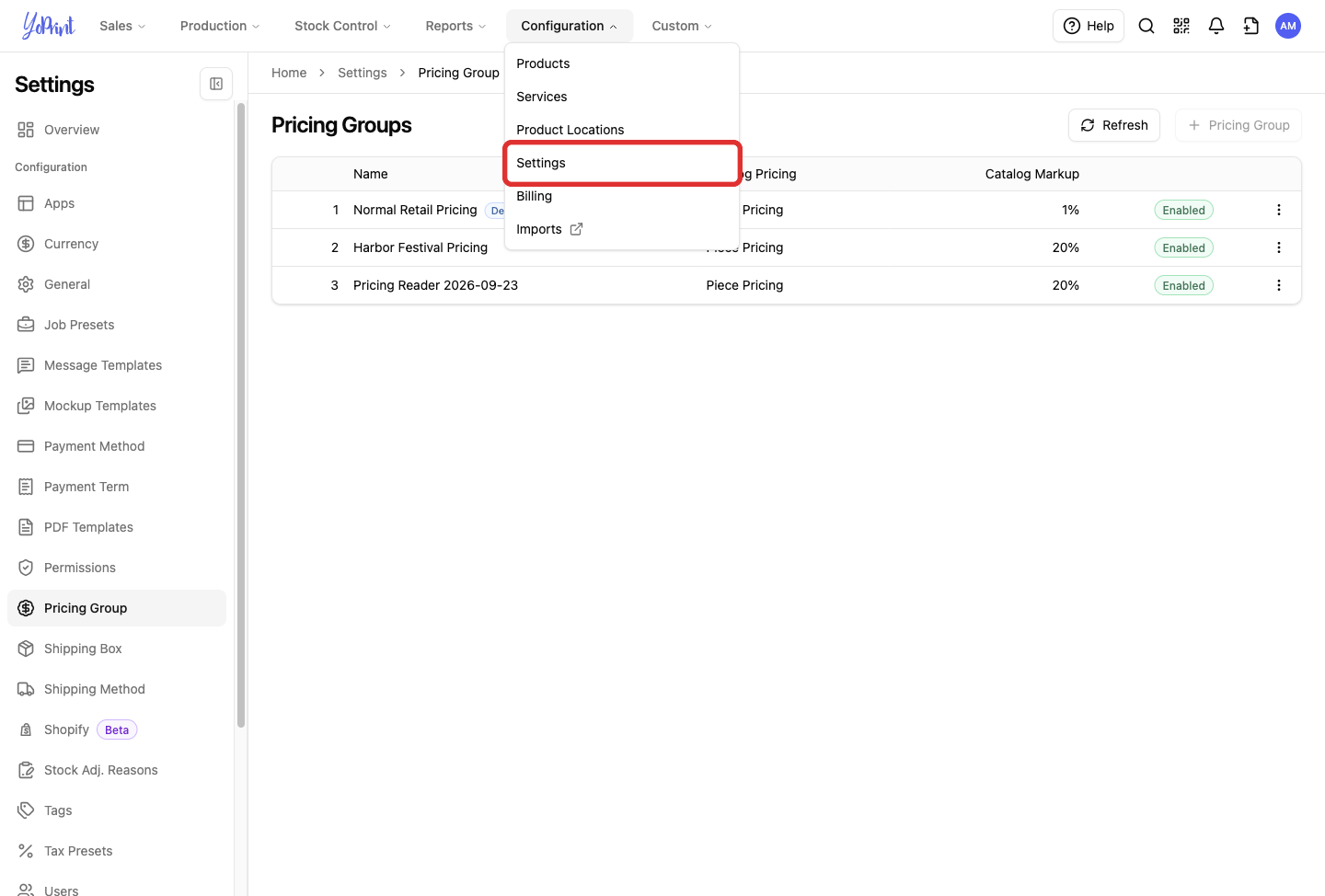Configuration menu with Settings marked