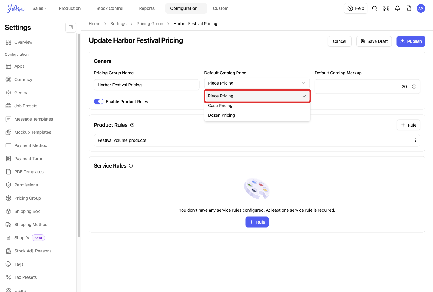 Default Catalog Price choices and the 20 percent catalog markup