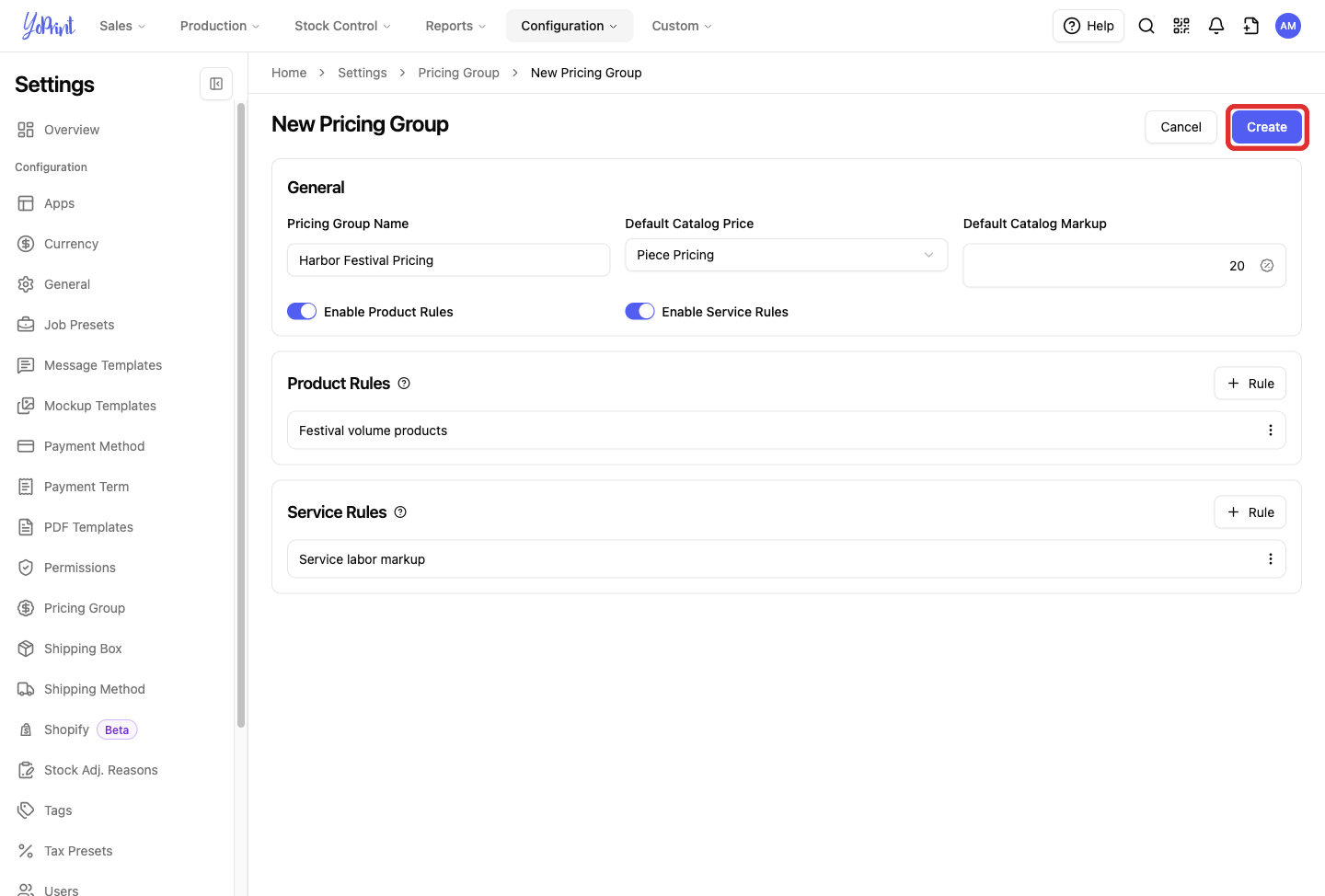 New pricing group ready to create with product and service rules