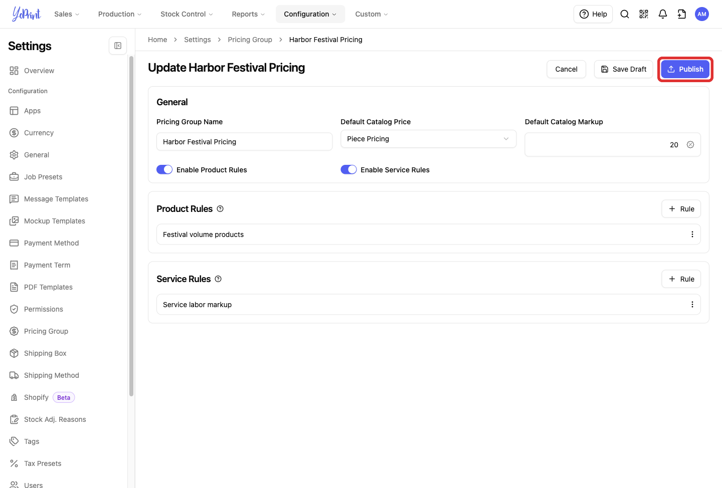 Publish button on an existing pricing group