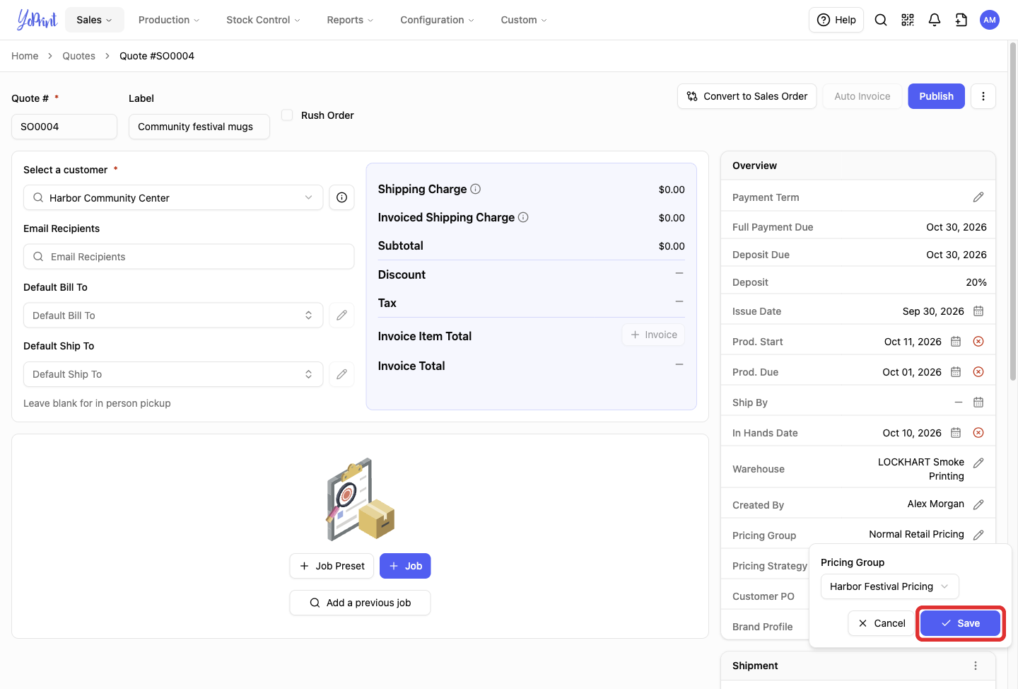 Quote Pricing Group Save button with Harbor Festival Pricing selected