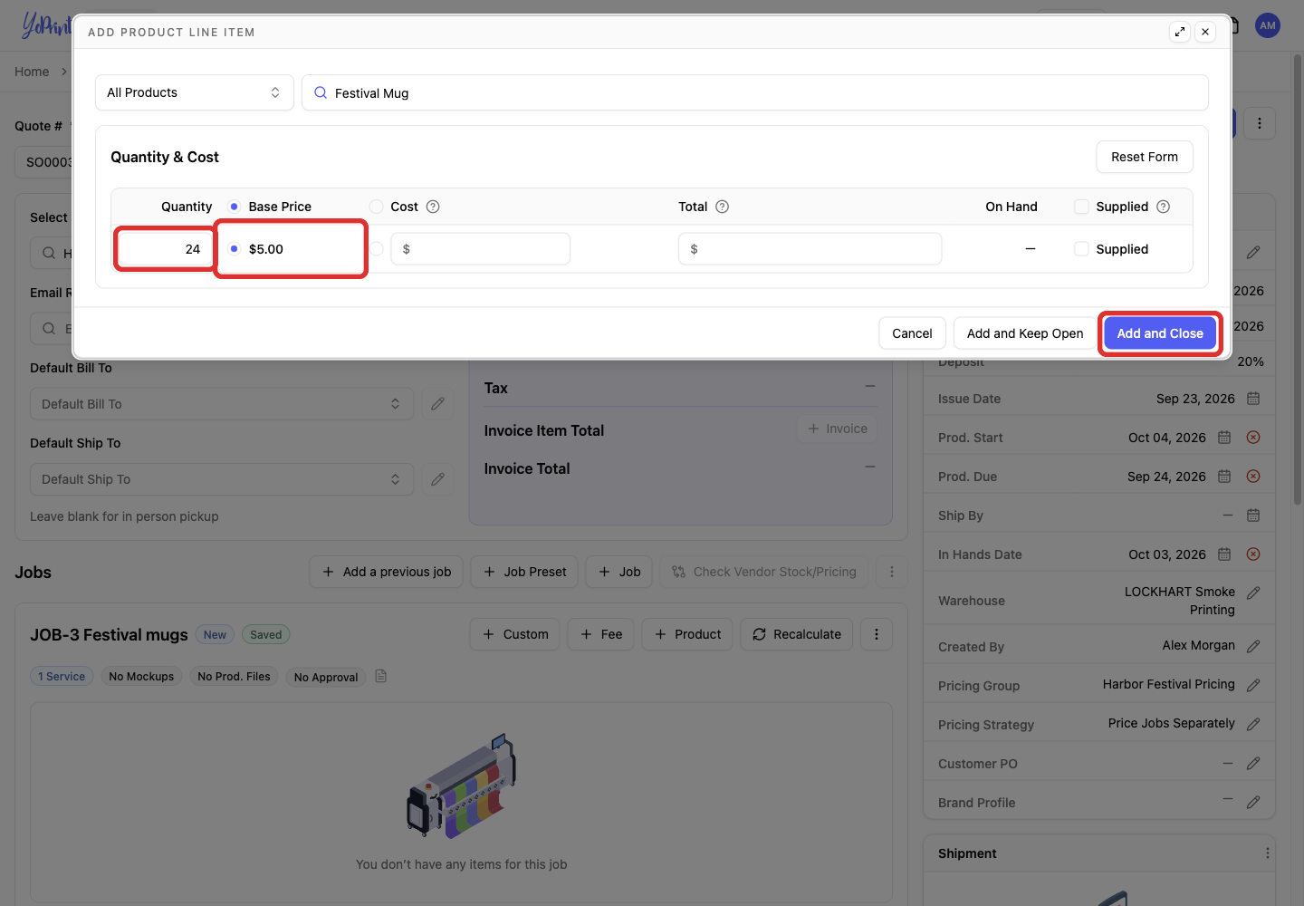 Product-entry form with quantity 24, the 5 dollar Base Price and Add and Close