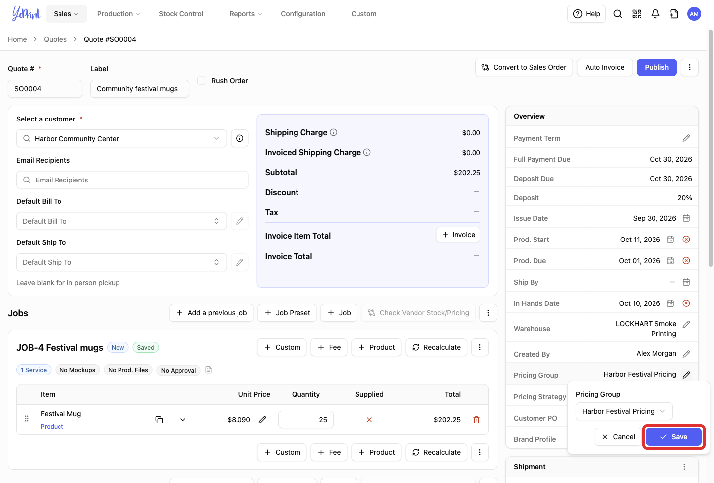 Saving the selected pricing group again on the existing quote