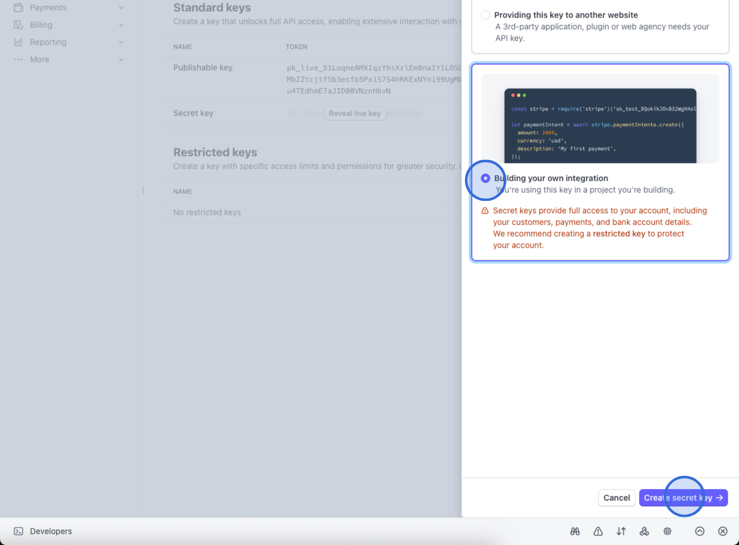 Choose integration type dialog and Create secret key button