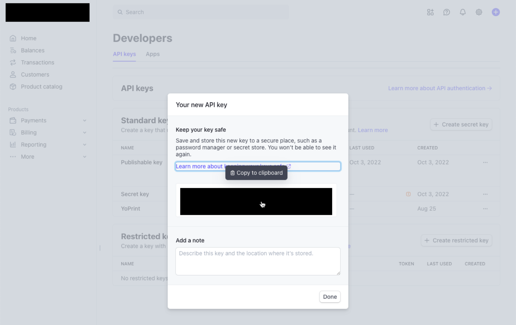 Copy secret key dialog showing Done button