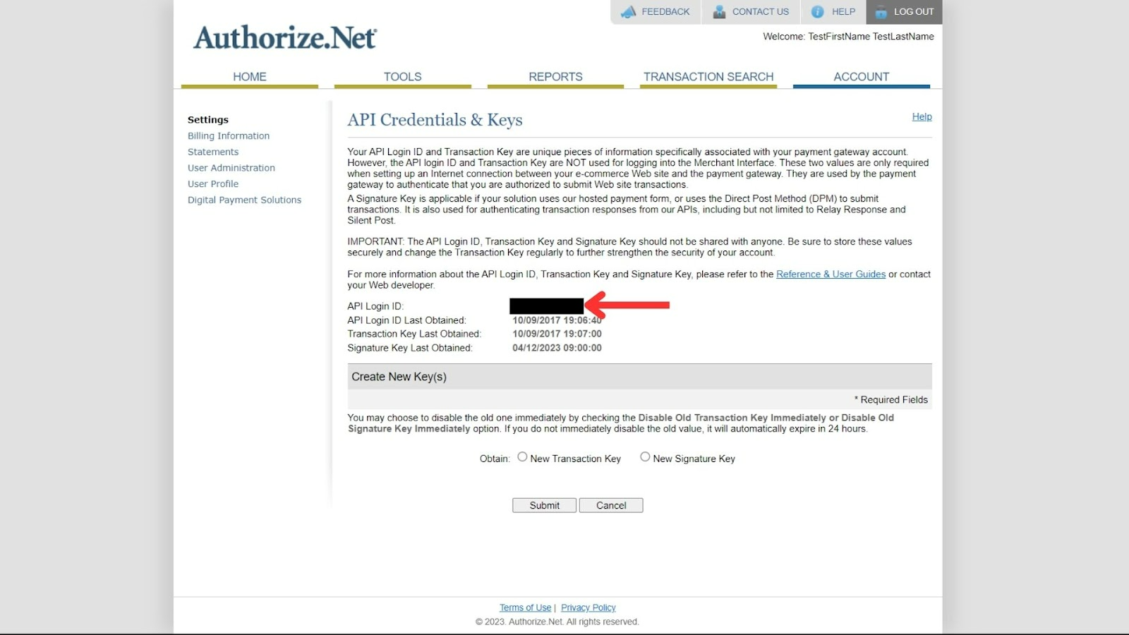 API Login ID on the credentials page