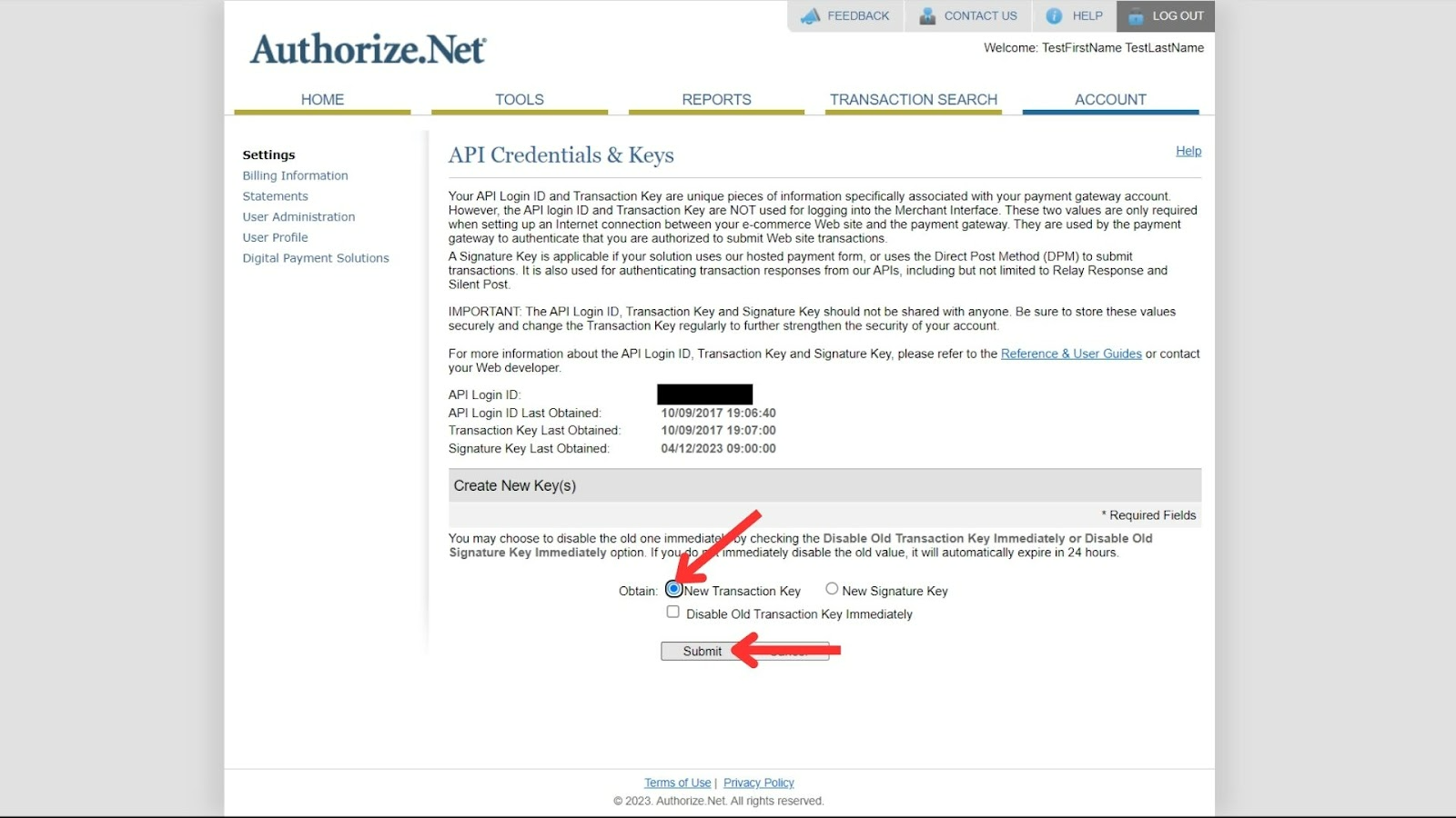 New Transaction Key option and Submit button