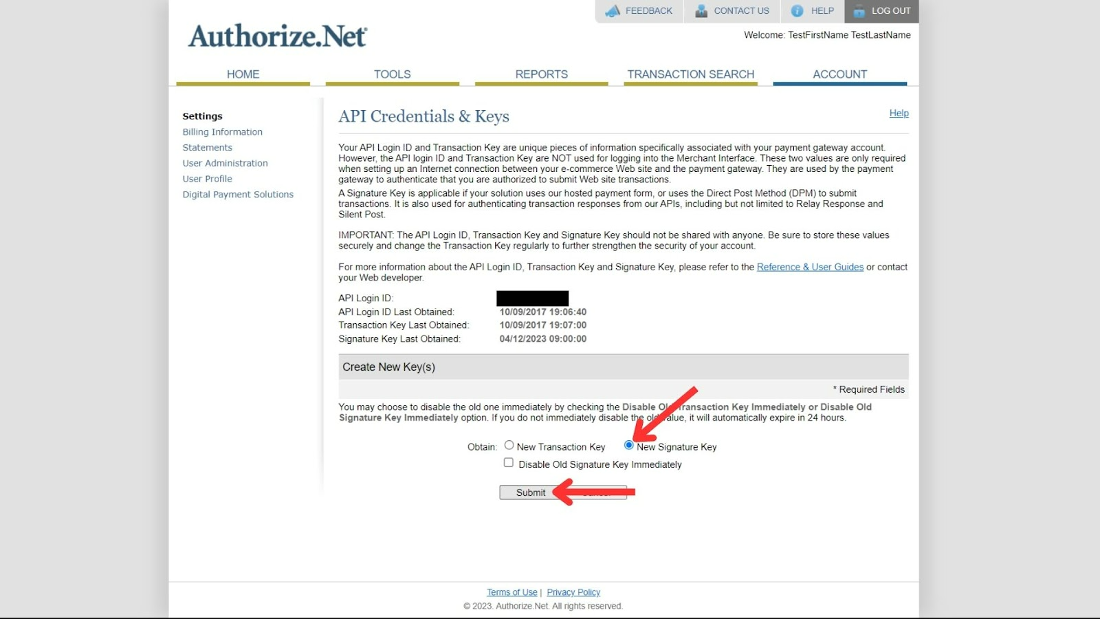 New Signature Key option and Submit button