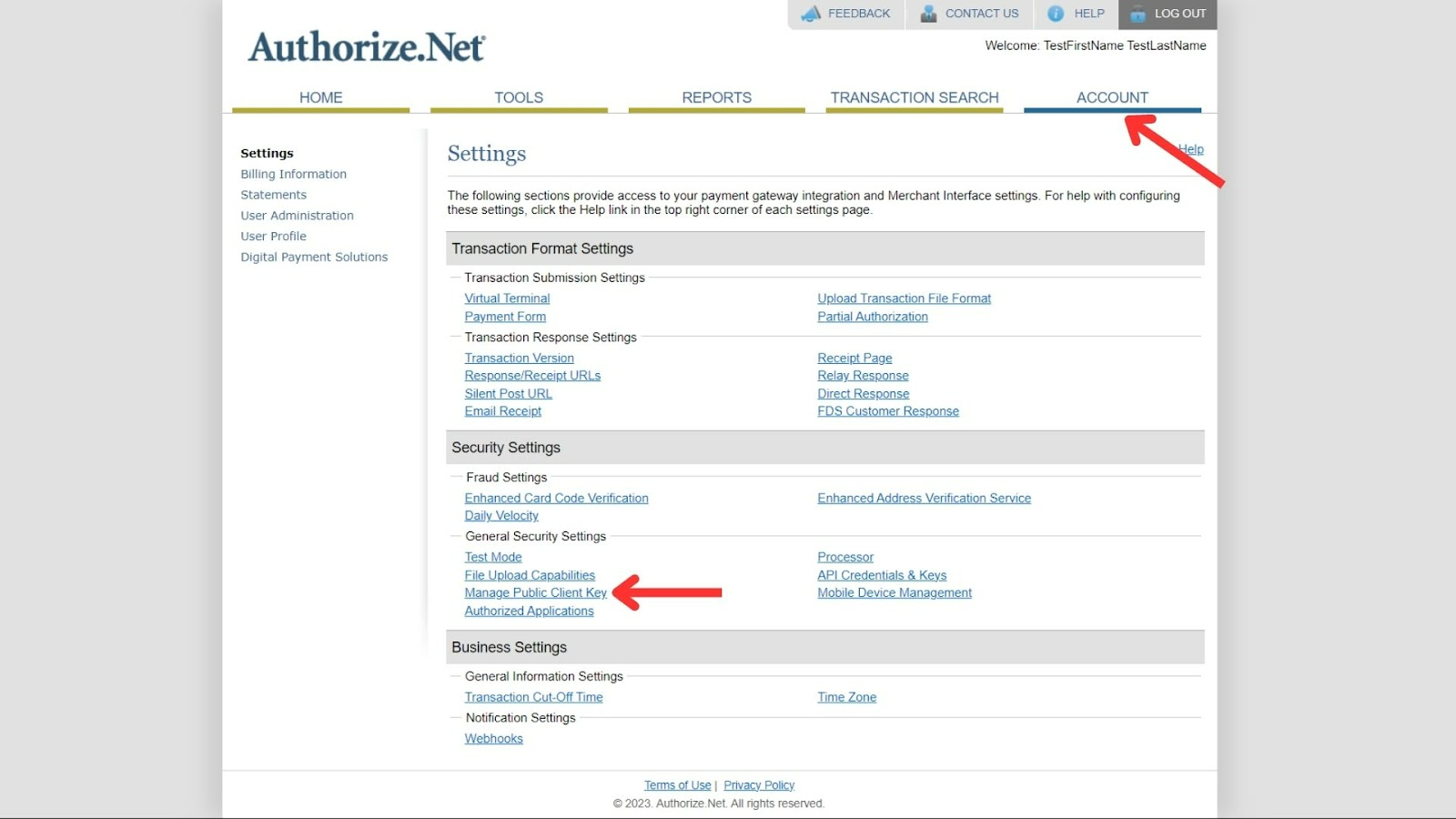 Account page showing Manage Public Client Key