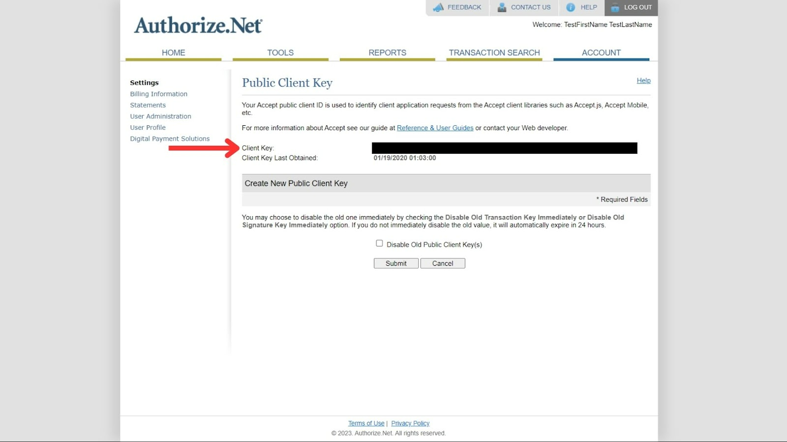 Public Client Key management page