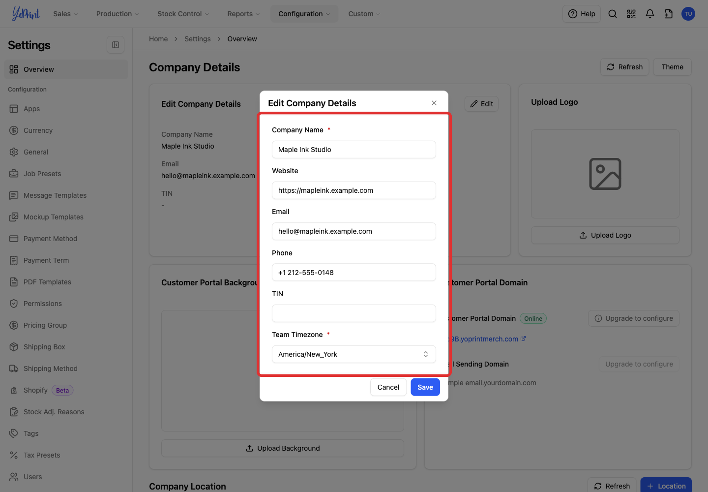 Company name, contact details and timezone in Edit Company Details