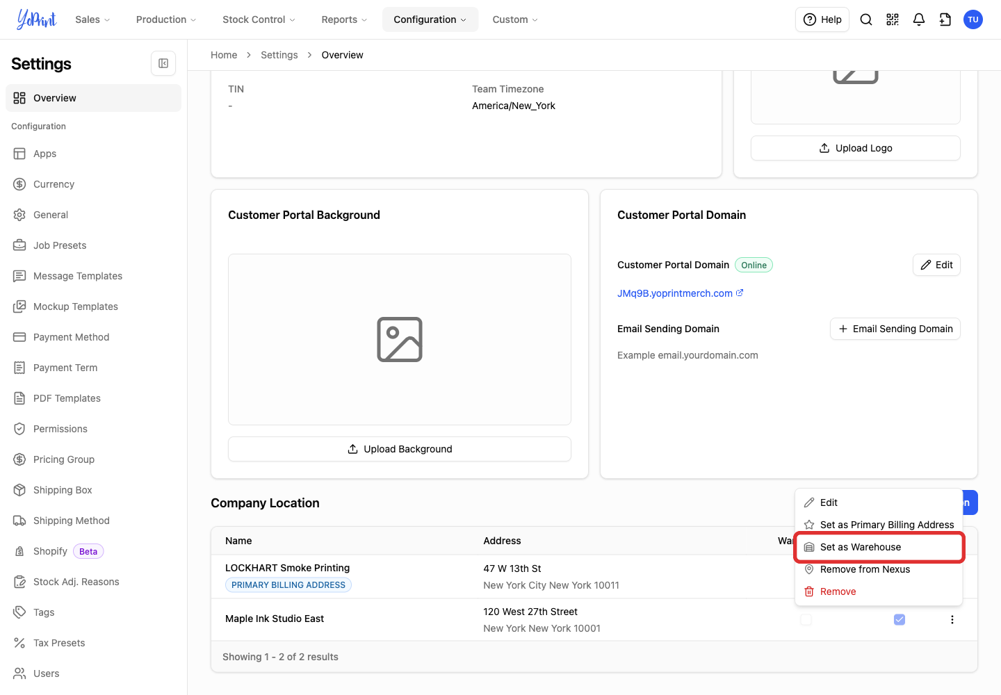Set as Warehouse in the location menu