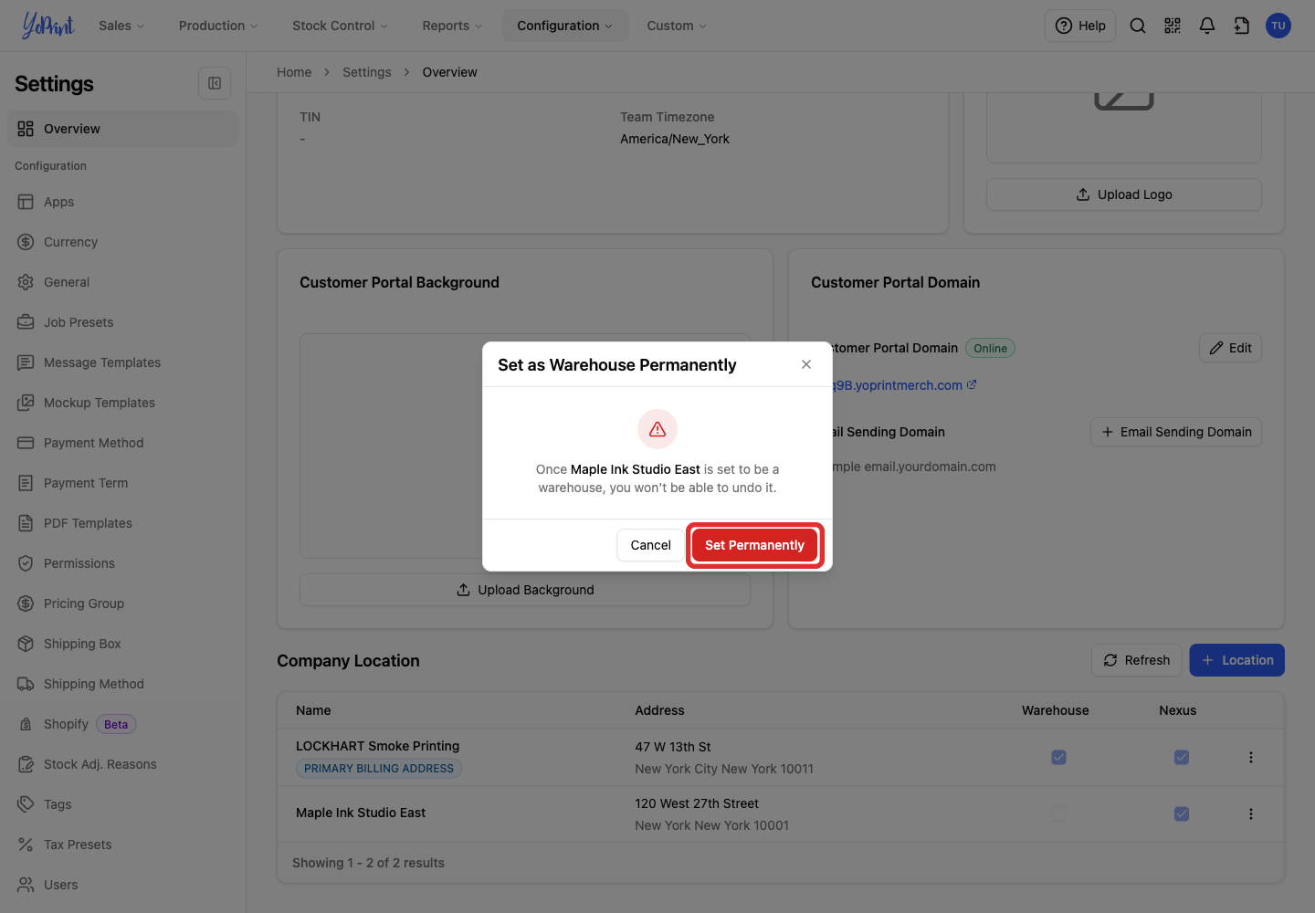 Confirm the permanent warehouse setting
