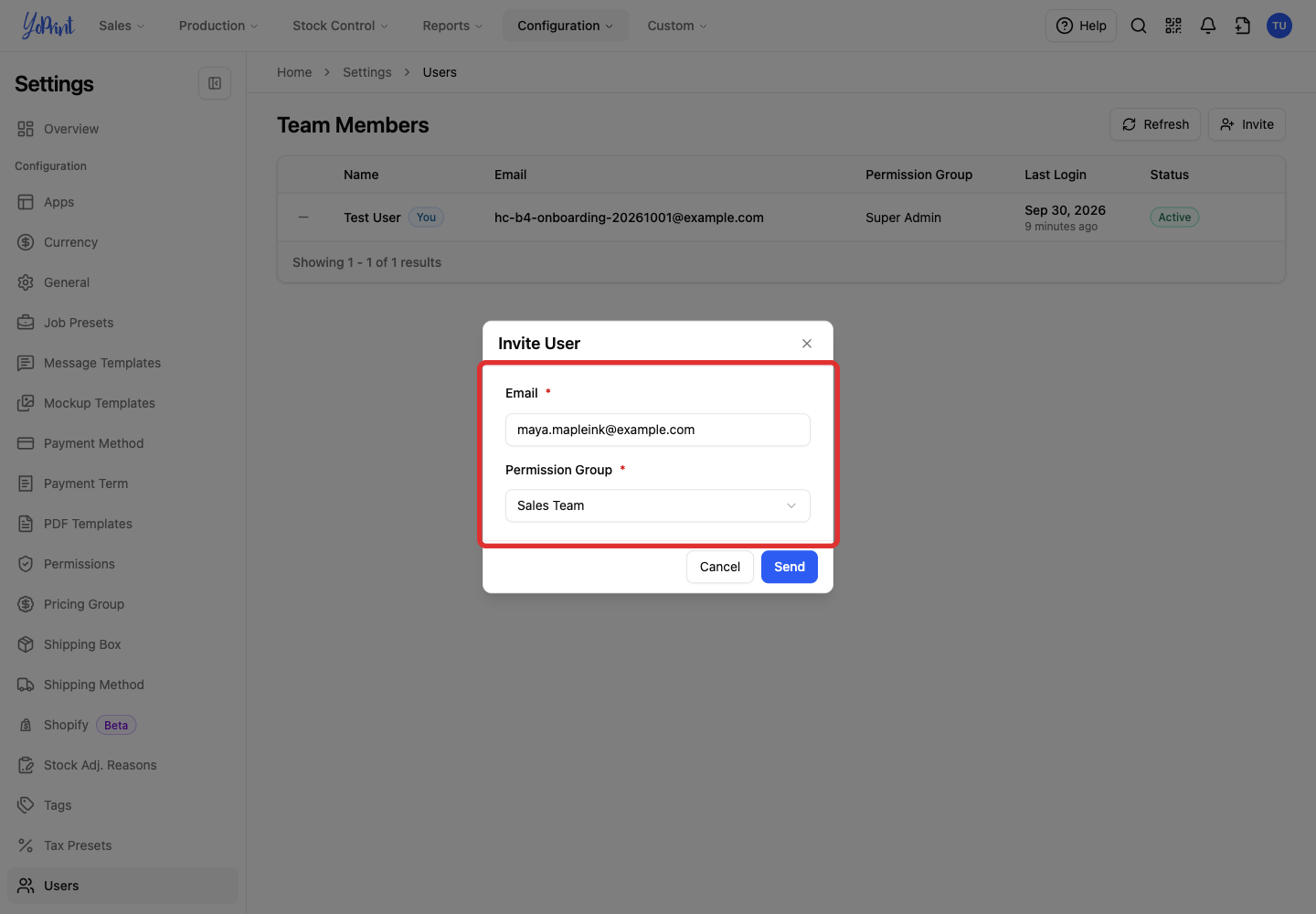 Email and permission group in Invite User
