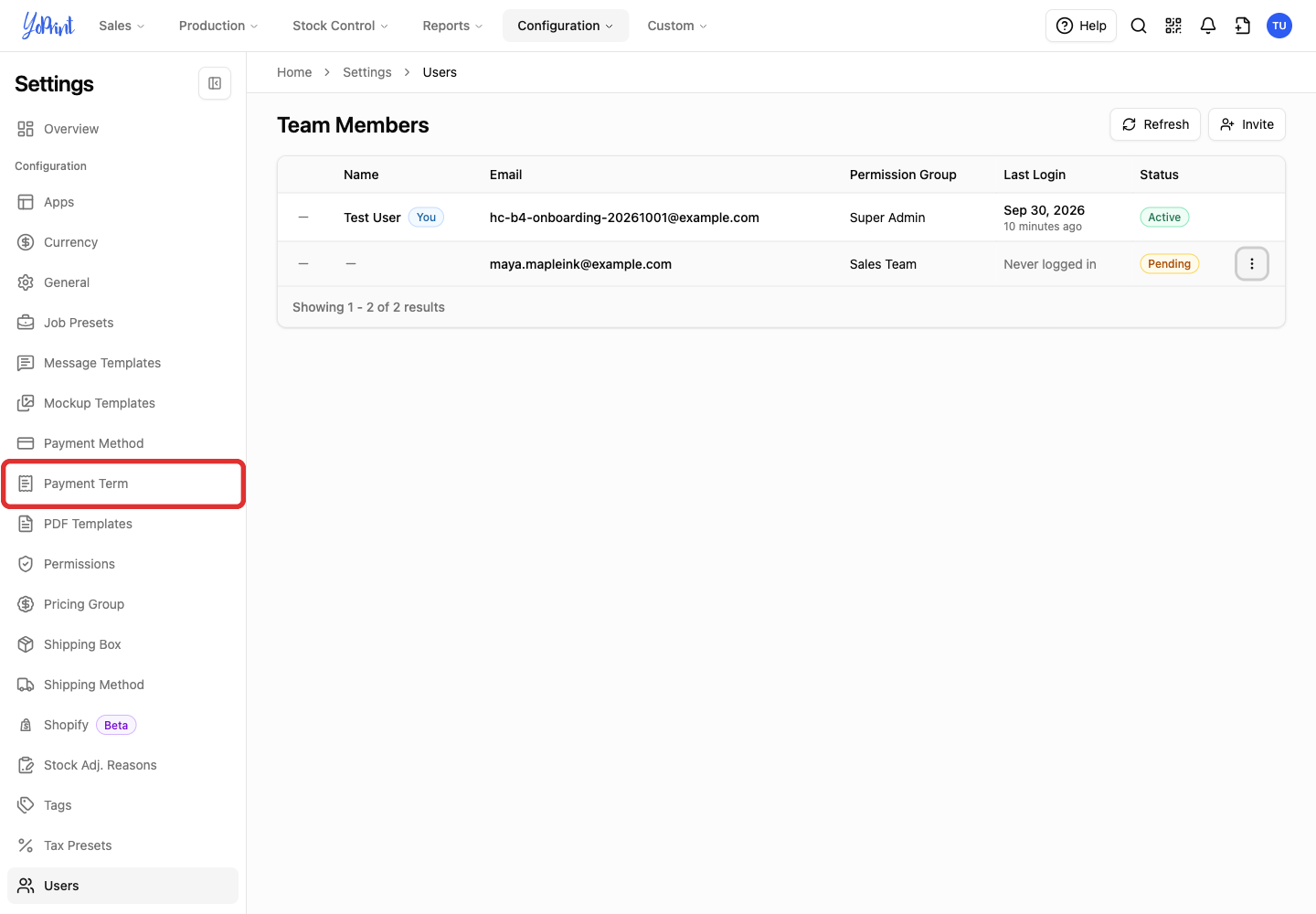 Payment Term in the settings sidebar