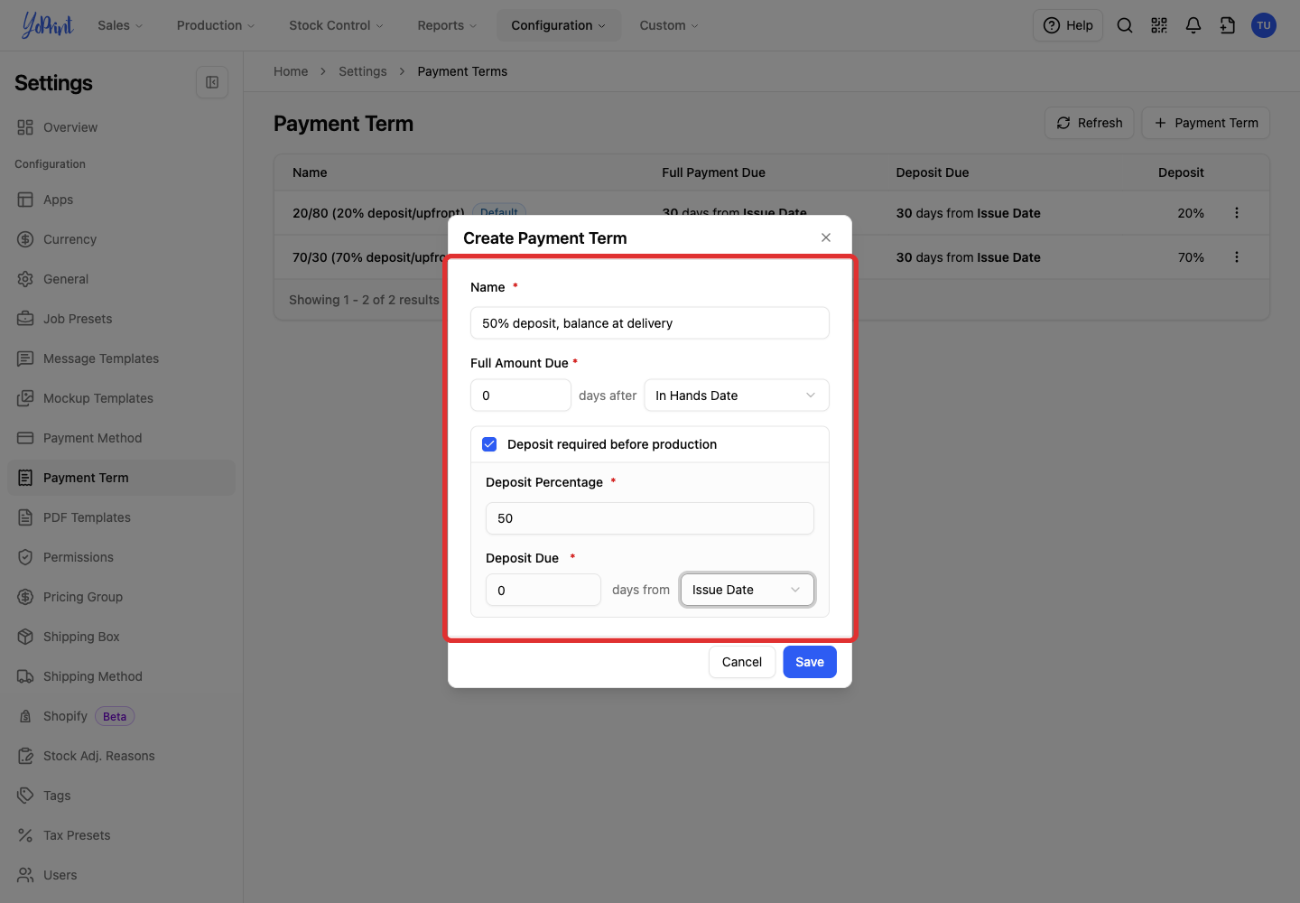 Payment term name, full-payment rule and deposit fields