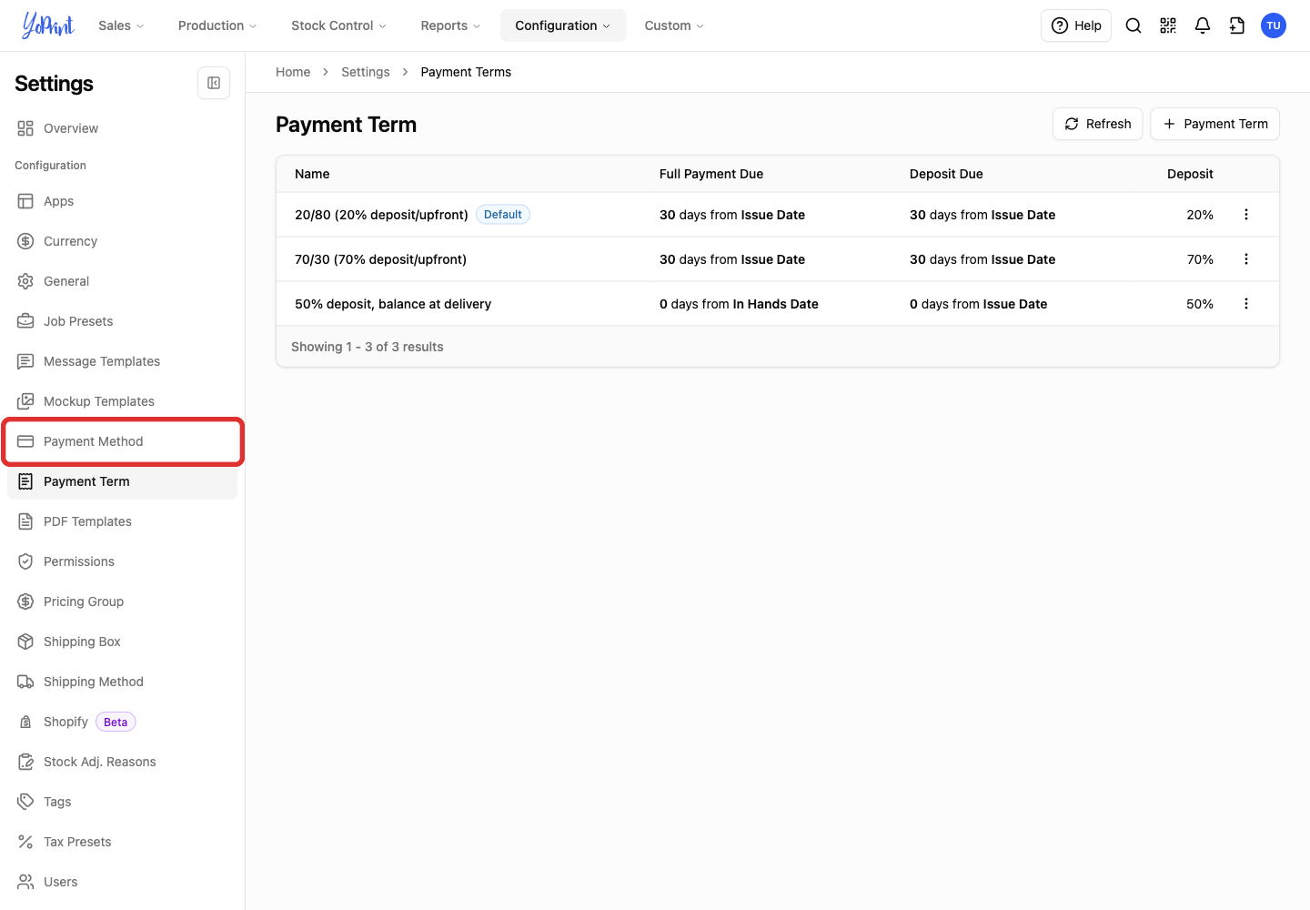Payment Method in the settings sidebar