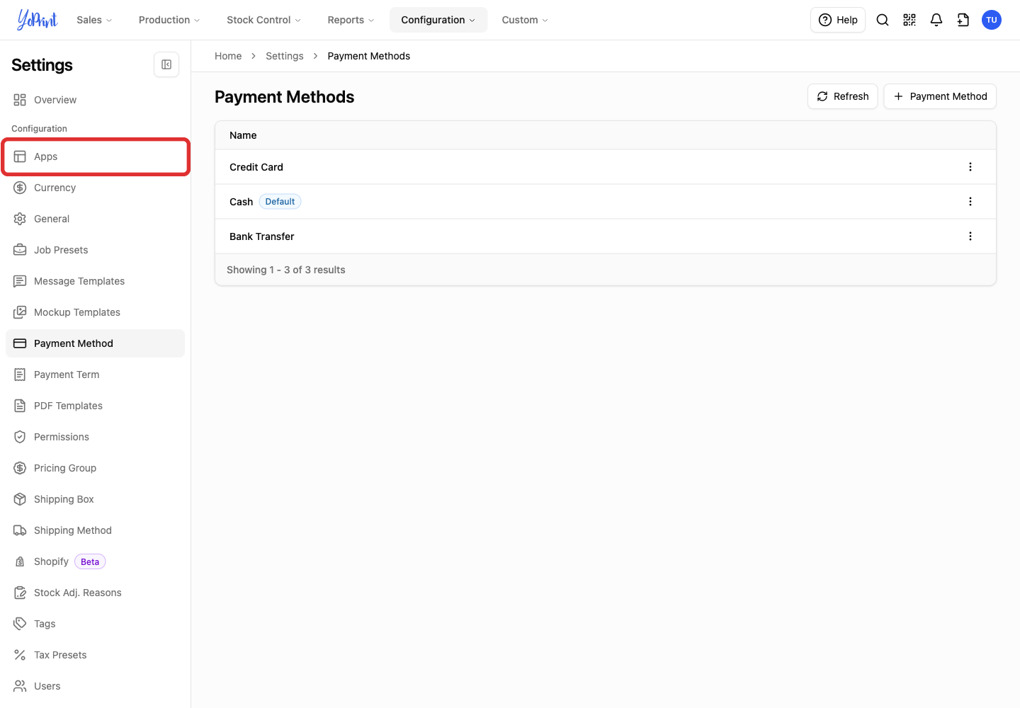 Apps in the settings sidebar
