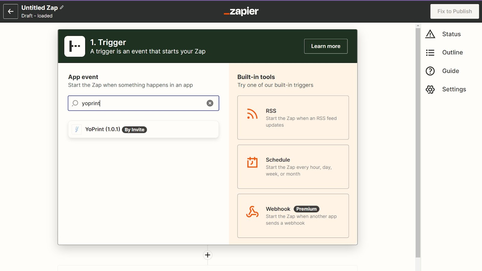 Search for and select YoPrint in the trigger step