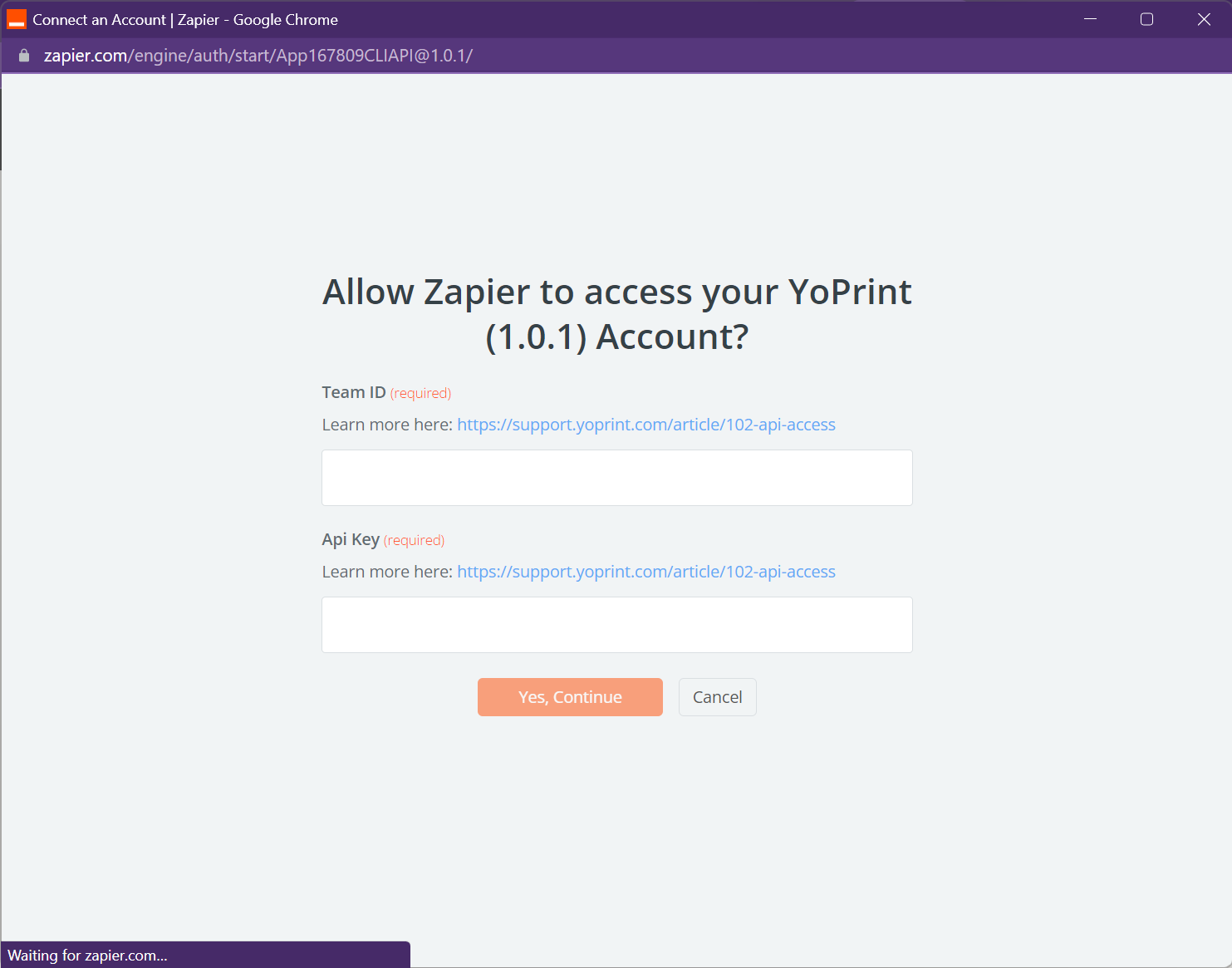 Enter the YoPrint Team ID and API key in the empty connection fields