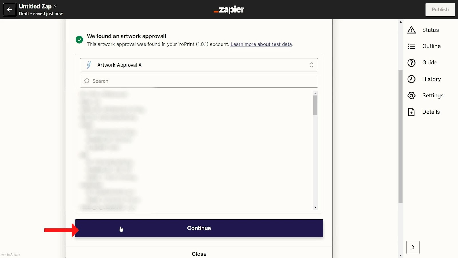 Click Continue to move to the action step