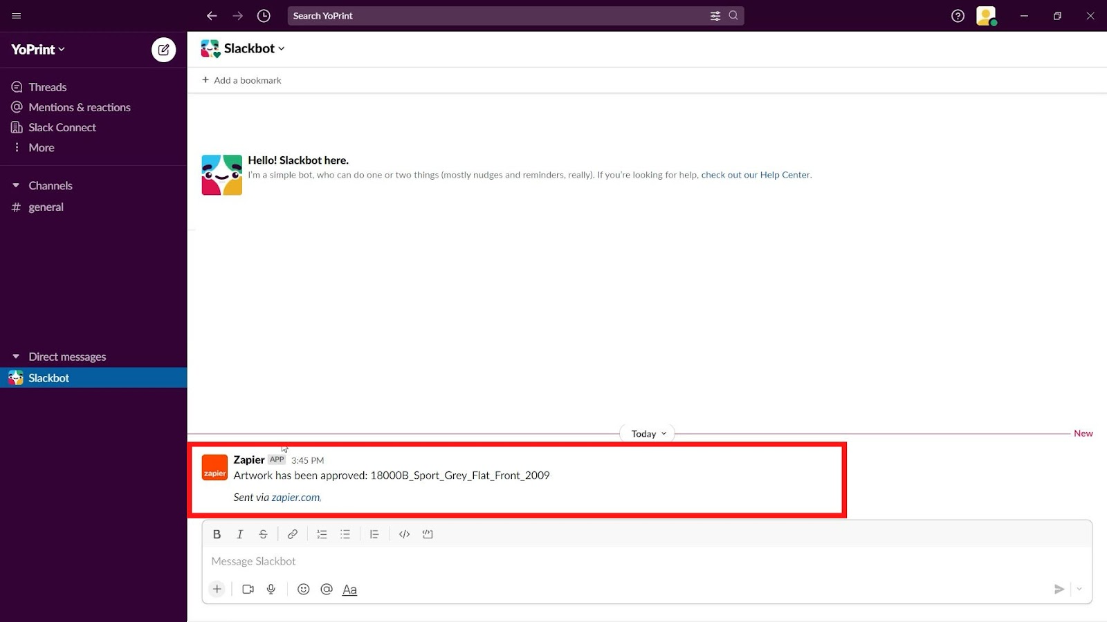 Direct message received in Slack prompted by the test