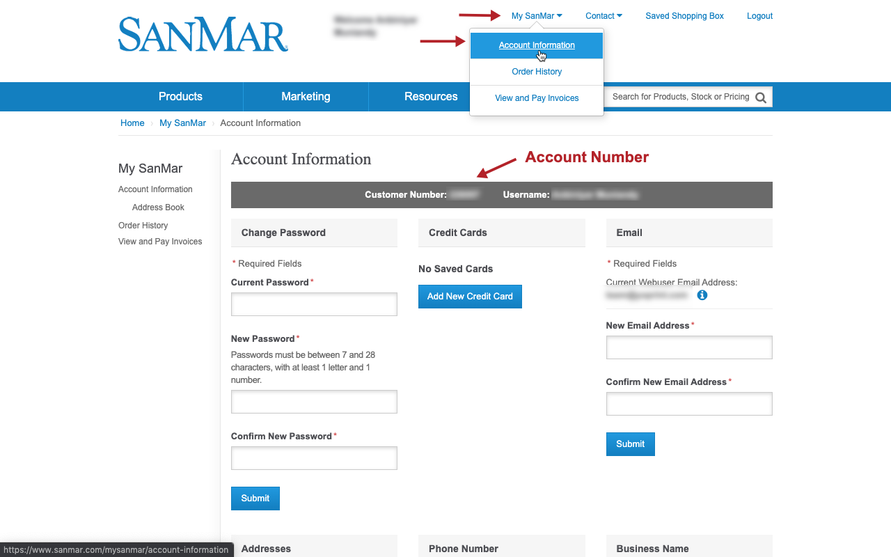 SanMar Account Information showing Customer Number