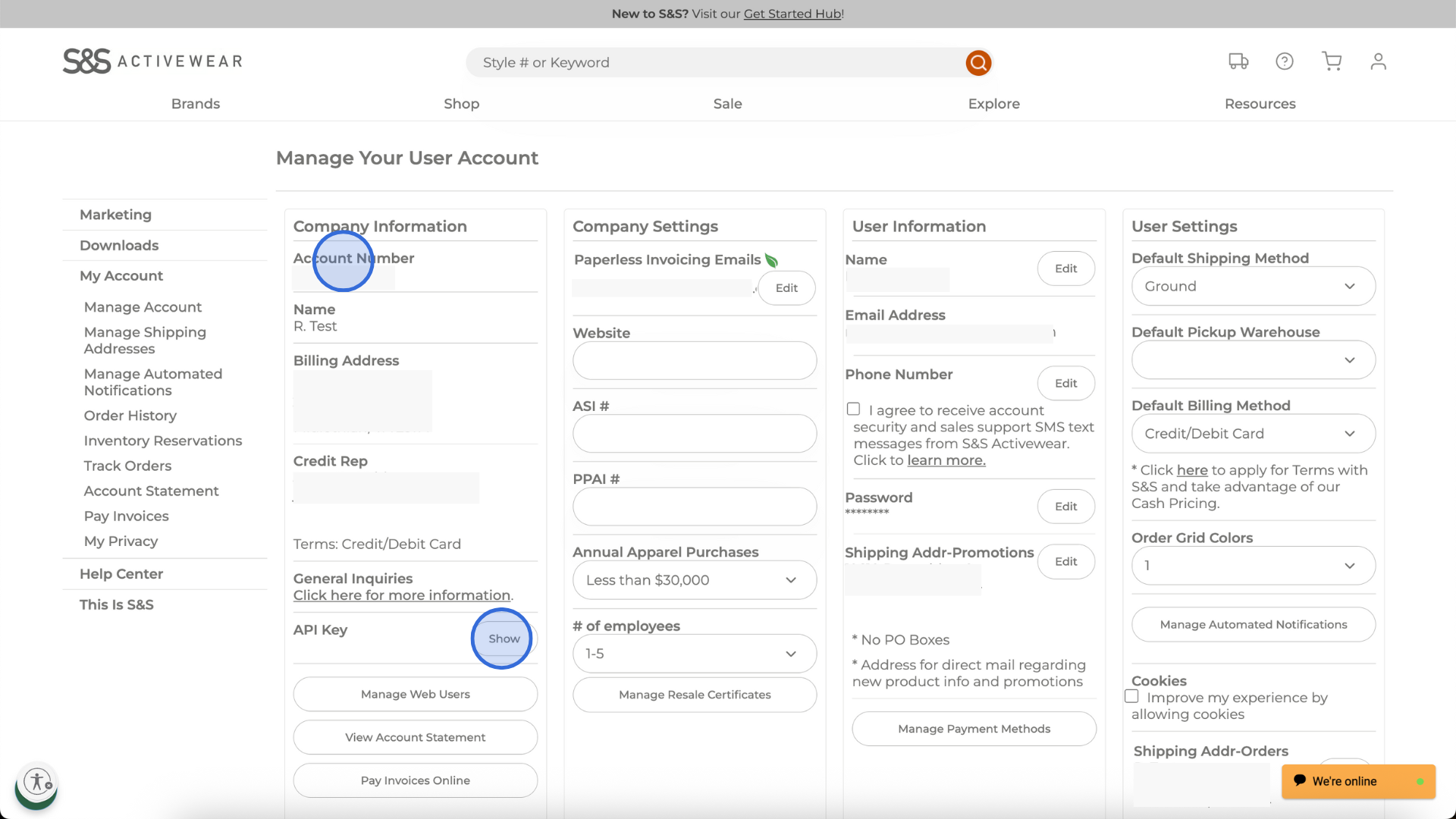 S&S Activewear account settings