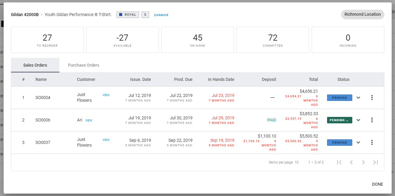 The item details dialog showing related sales orders and purchase orders