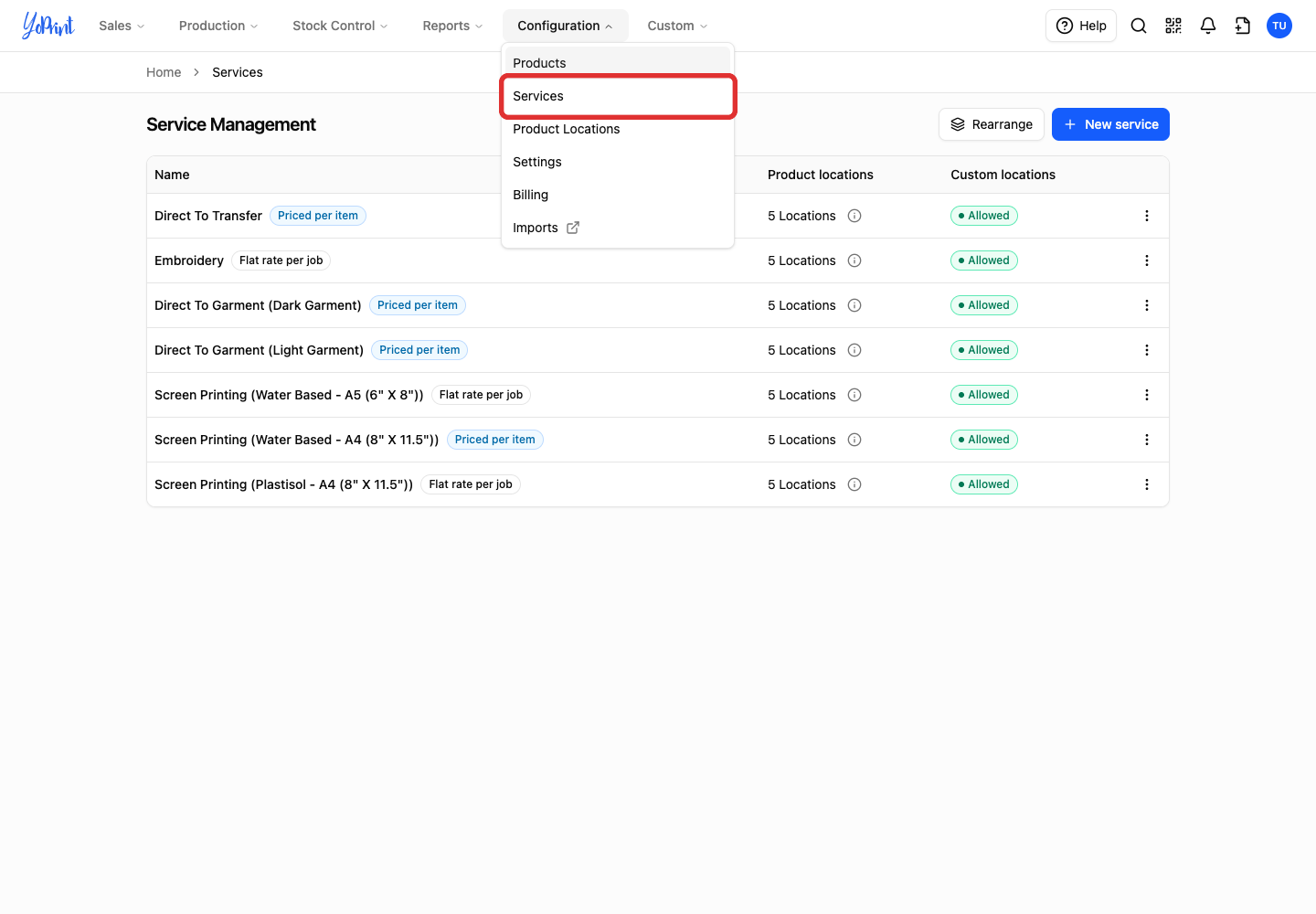 Services in the open Configuration menu