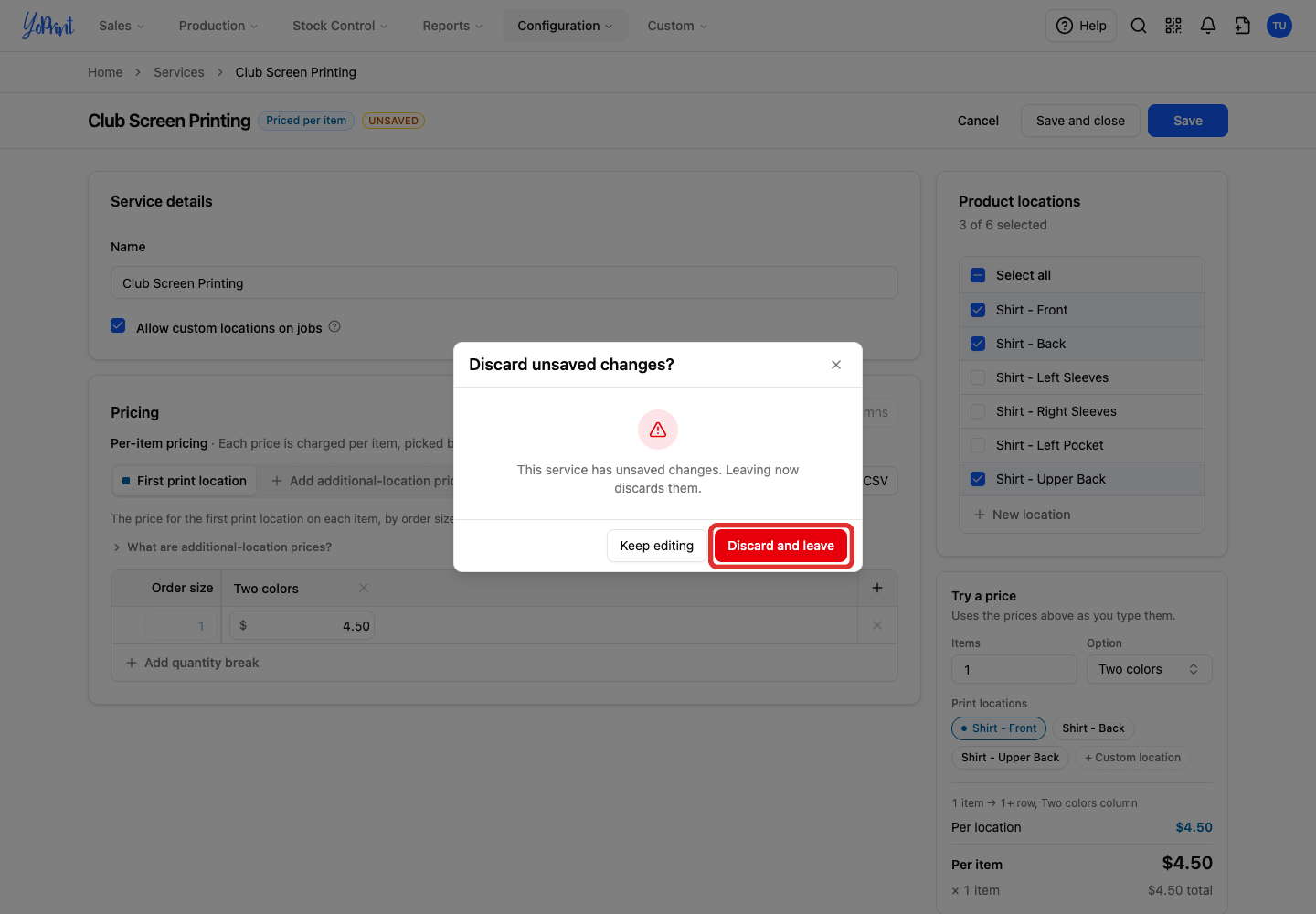 Discard unsaved changes dialog