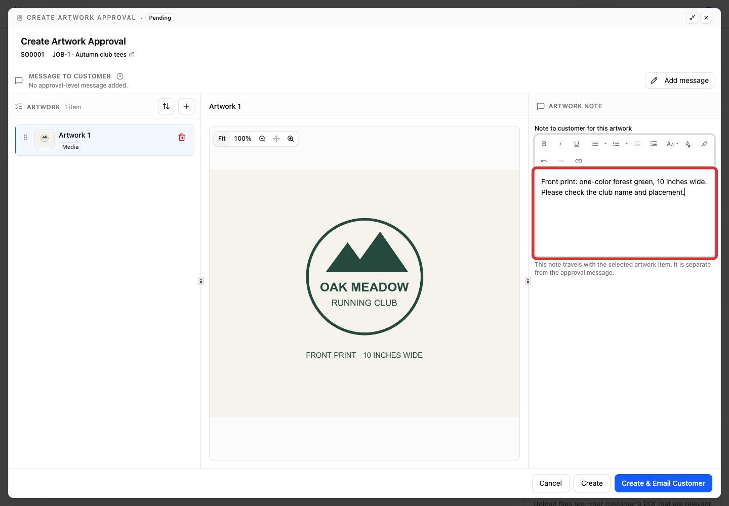 The note for the selected artwork