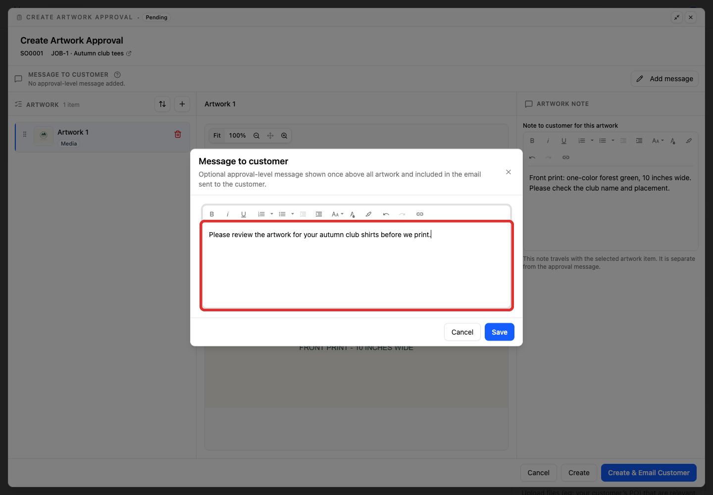 A message asking the customer to review the artwork