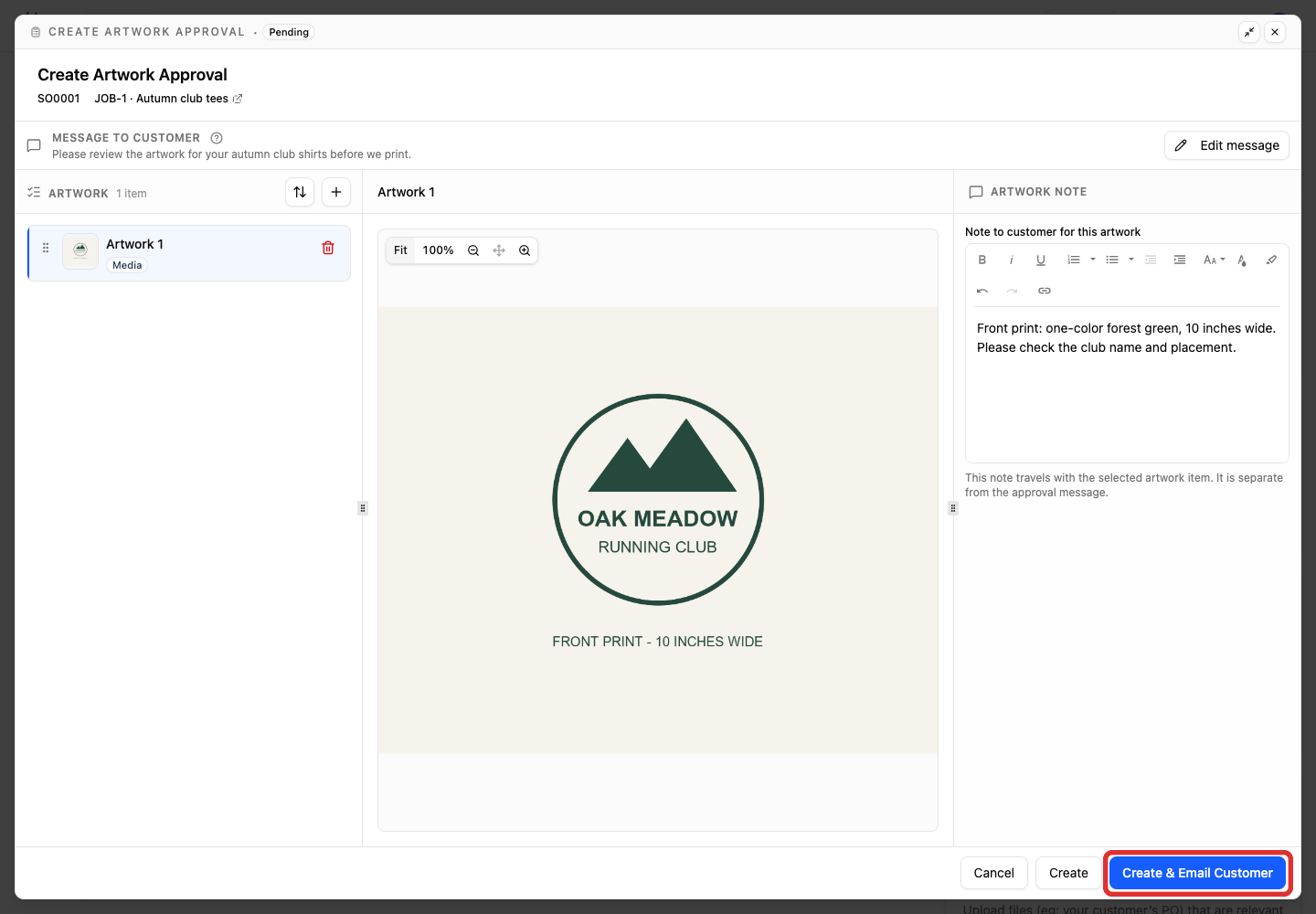 Create and email the artwork request