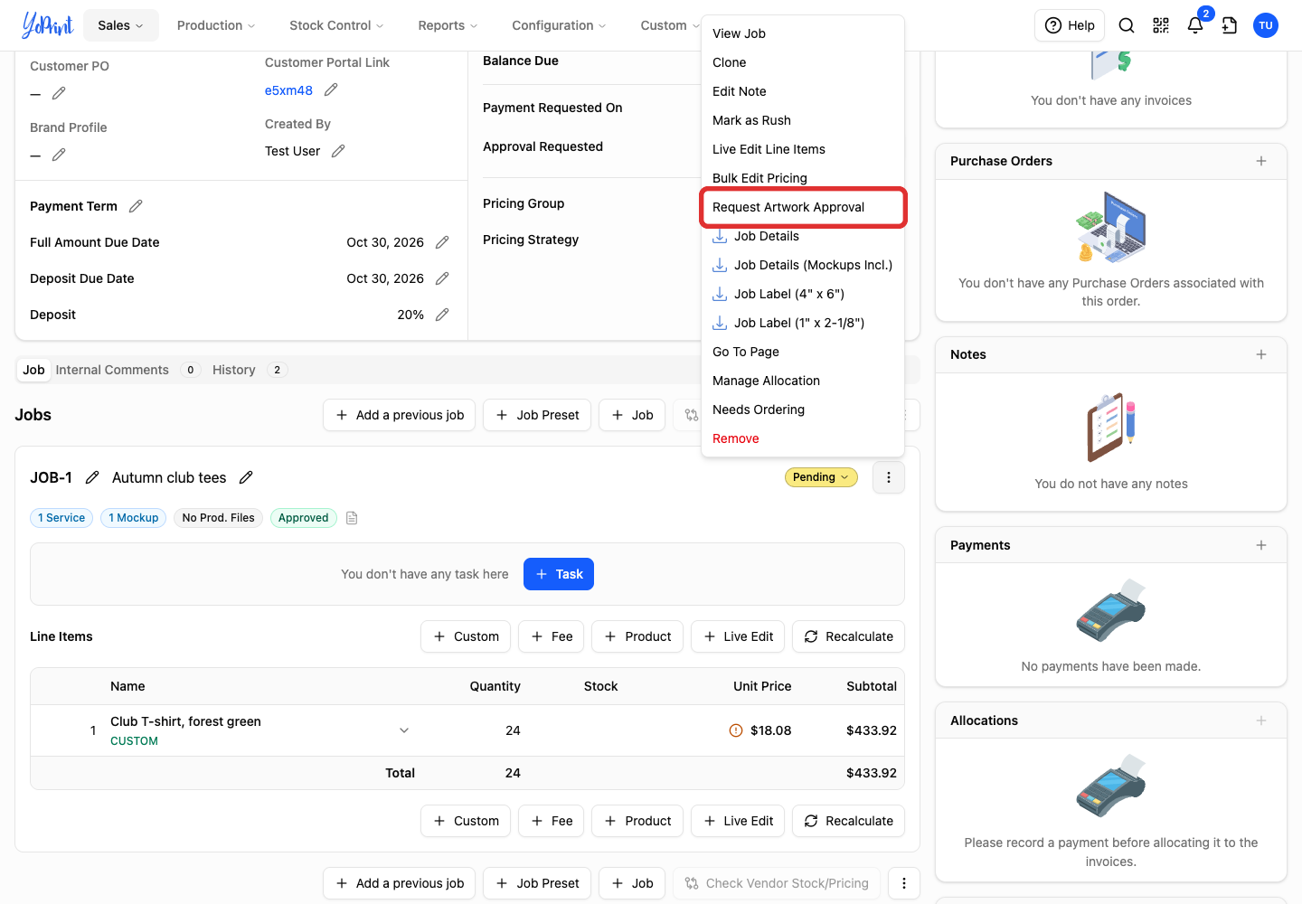 Request Artwork Approval in the job menu