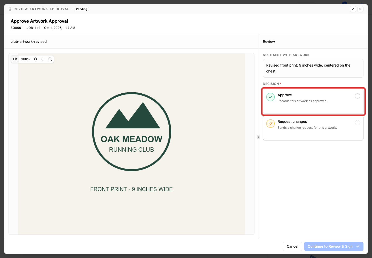 Record an approved artwork