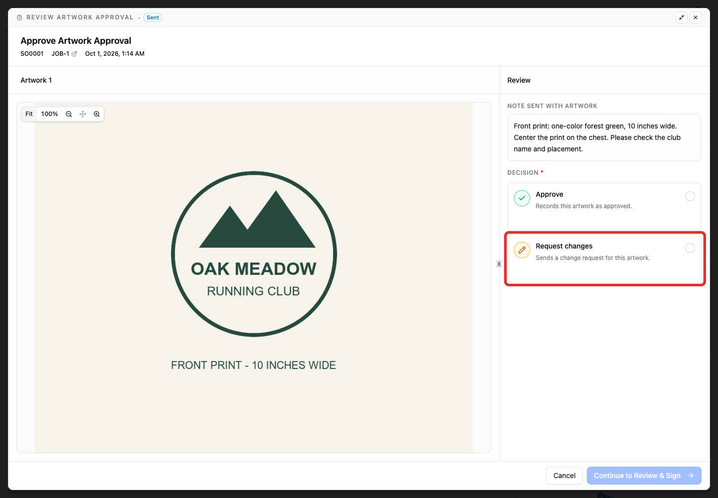 Record a request for artwork changes