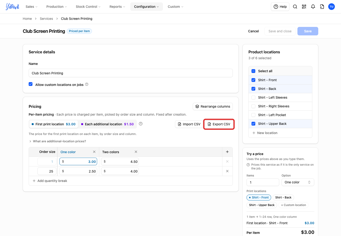 Export CSV button for the first table