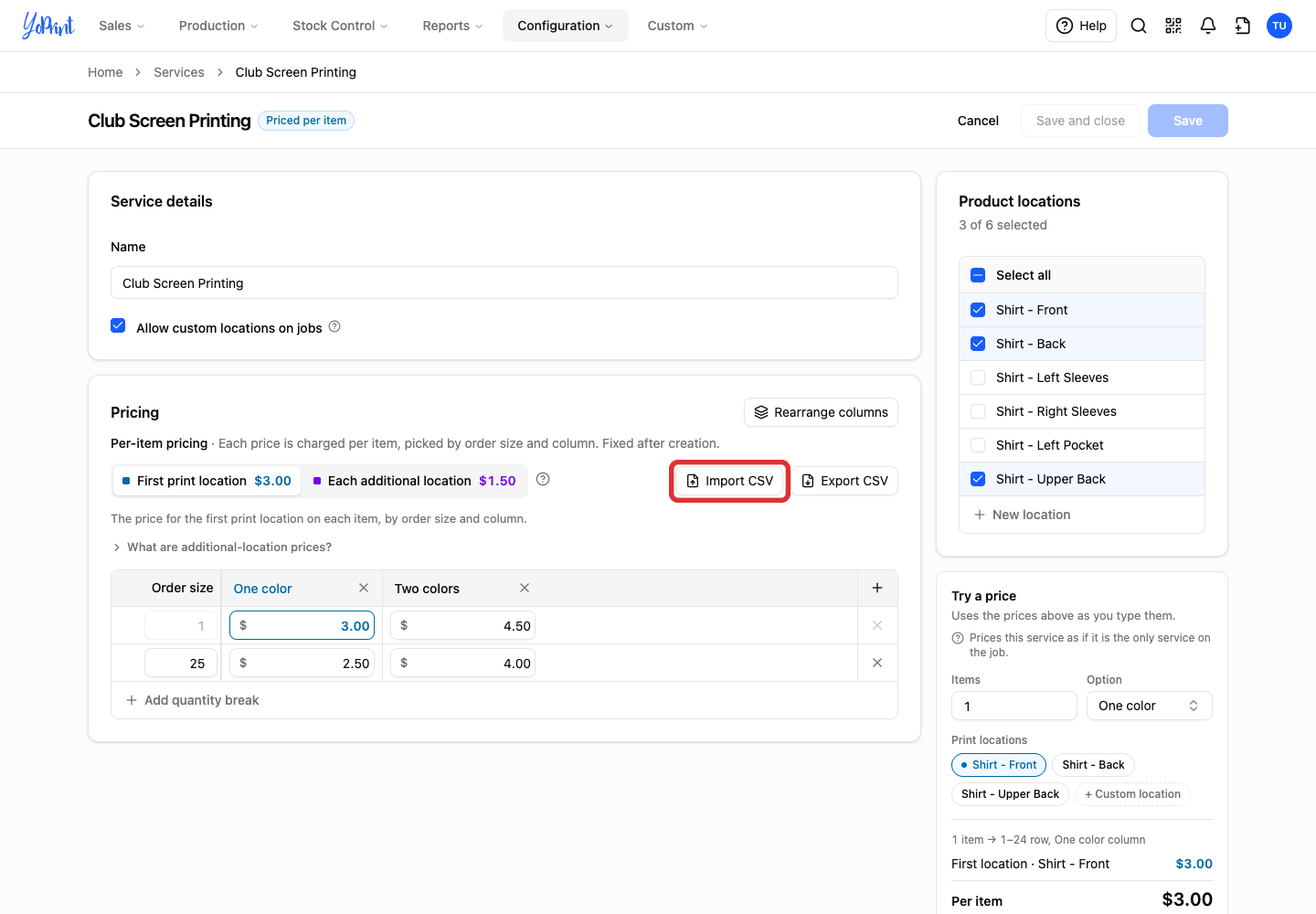 Import CSV for first-location prices